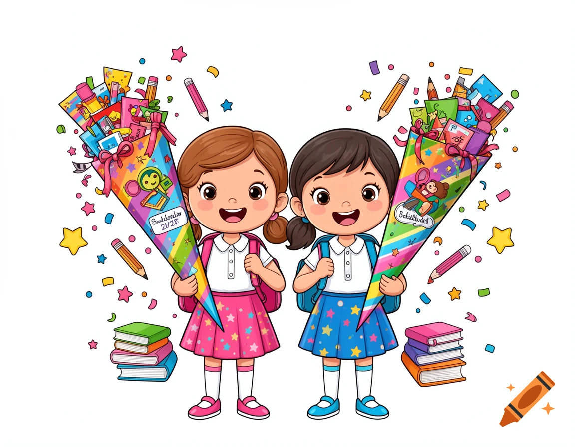 Clipart illustration of two smiling young girls holding colorful school cones filled with school supplies.