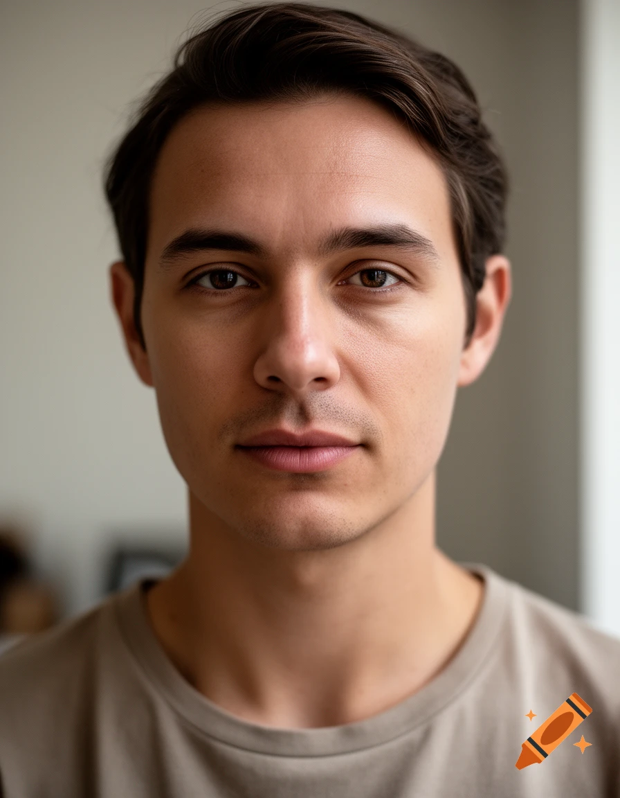 Close-up portrait of a young man with brown hair and eyes, wearing a neutral t-shirt, photorealistic.