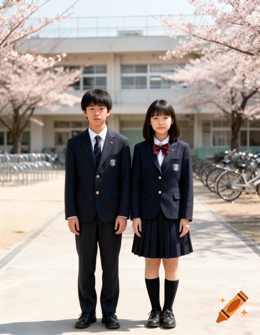 Photorealistic full-body portrait of two Japanese middle school students in uniform standing outdoors with cherry blossoms.