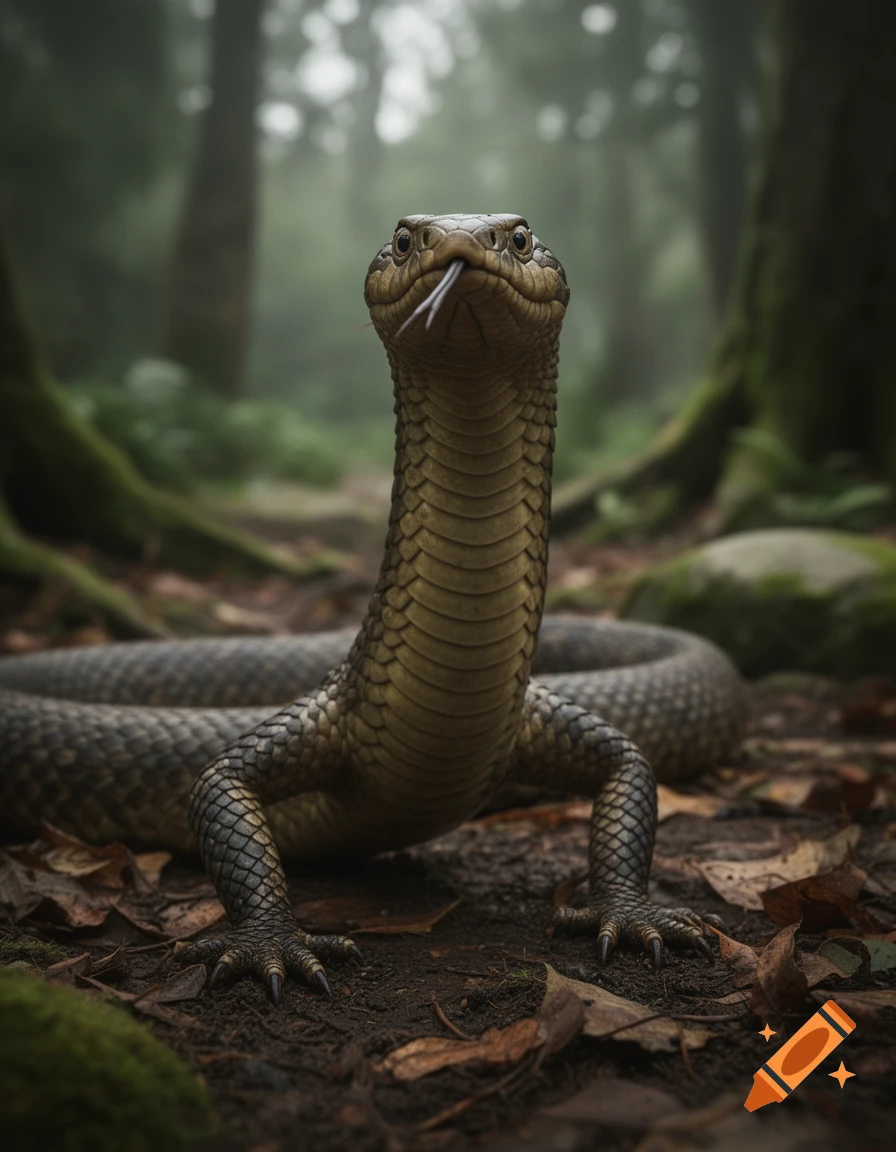 Photorealistic image of a strange fantasy snake with three legs standing in a foggy forest.