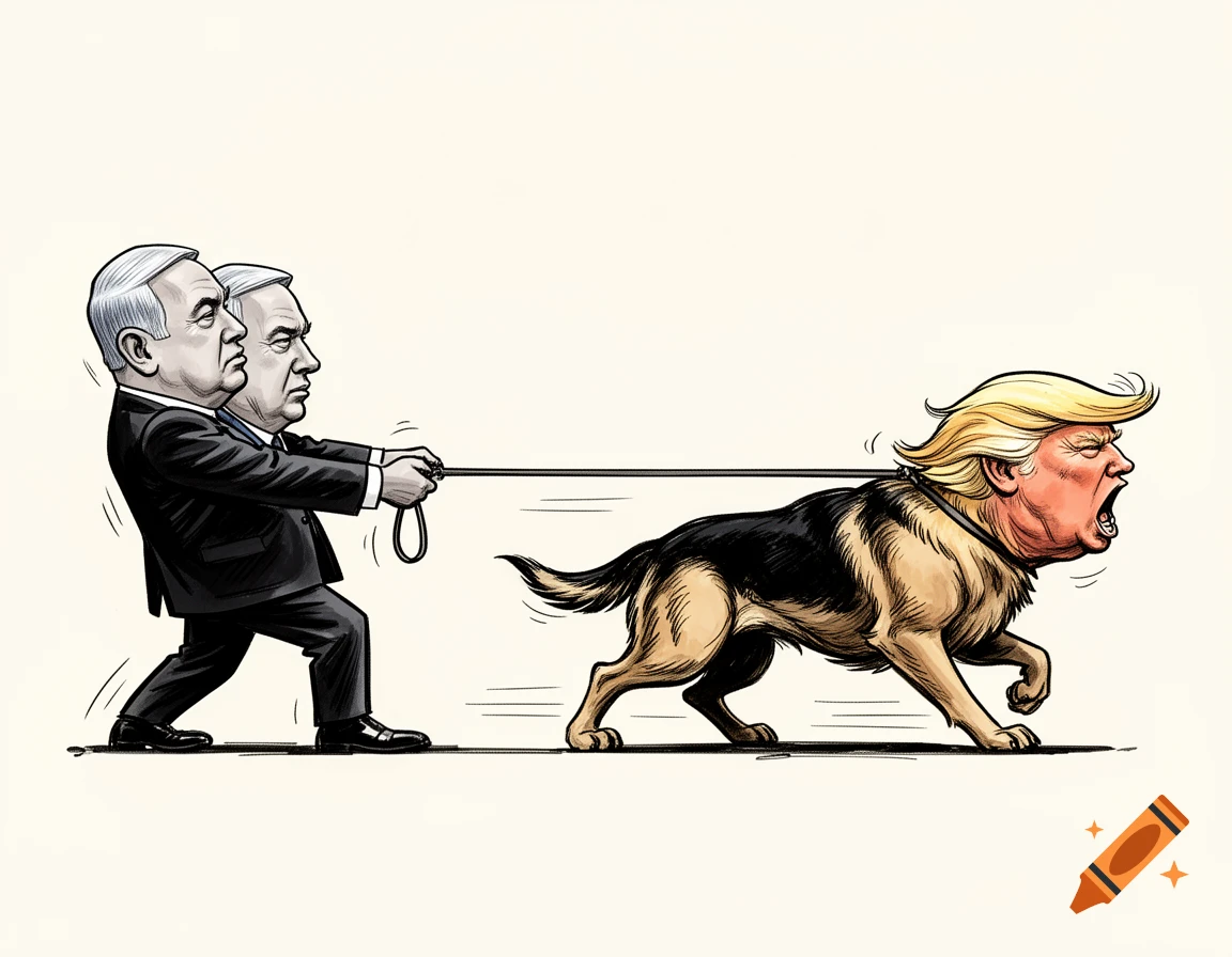 Editorial ink illustration of Benjamin Netanyahu holding a leash attached to a German Shepherd with Donald Trump's face.