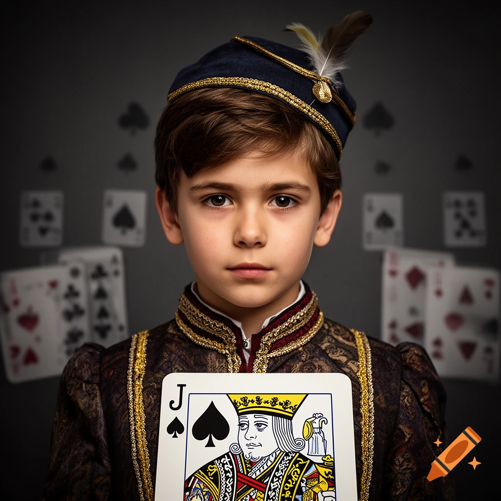 Portrait of a young boy dressed in a medieval page costume, holding a Jack of Spades playing card with floating cards in the background.