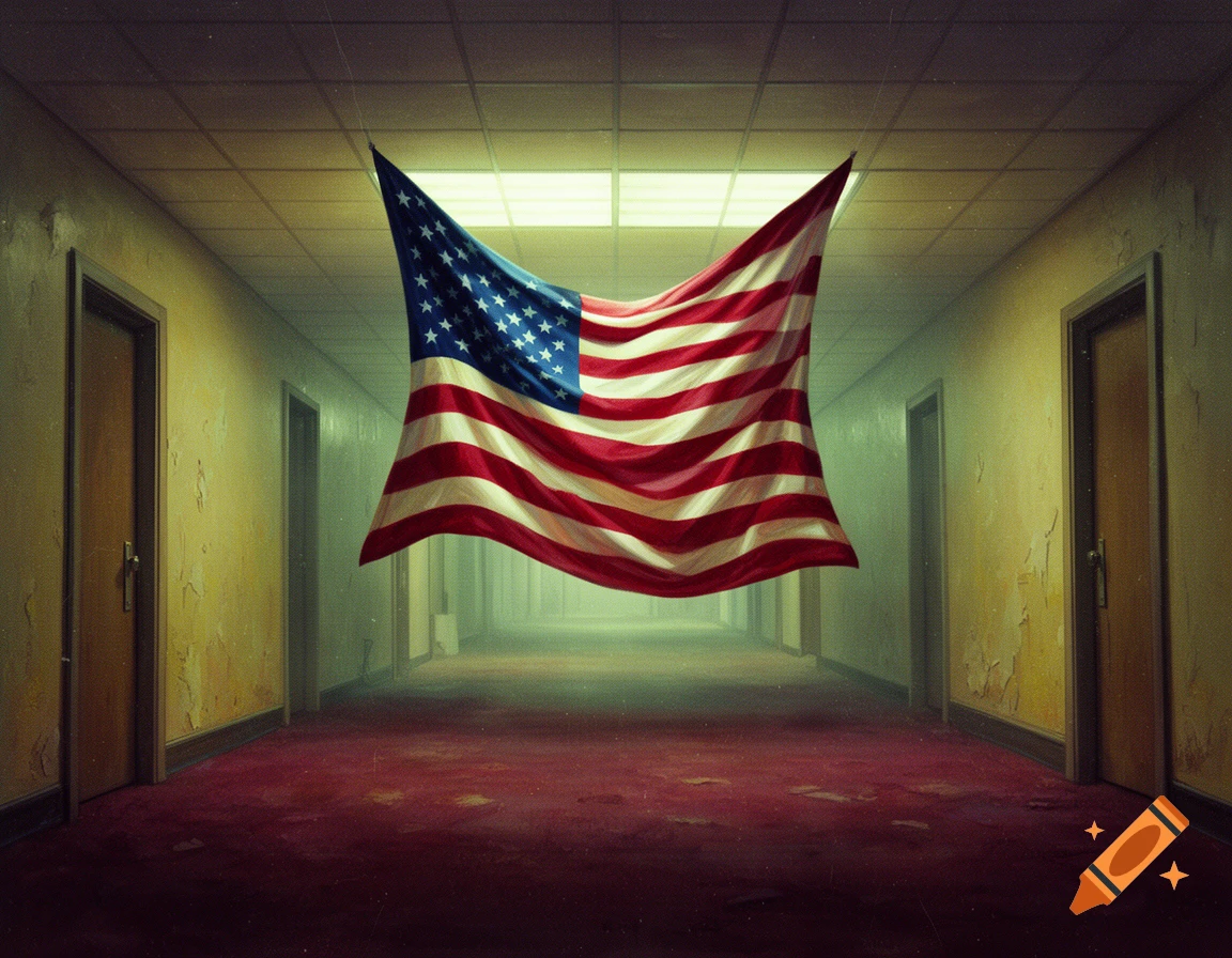 An American flag hangs from the ceiling in the middle of a long, eerie, yellow-toned corridor with red carpet.