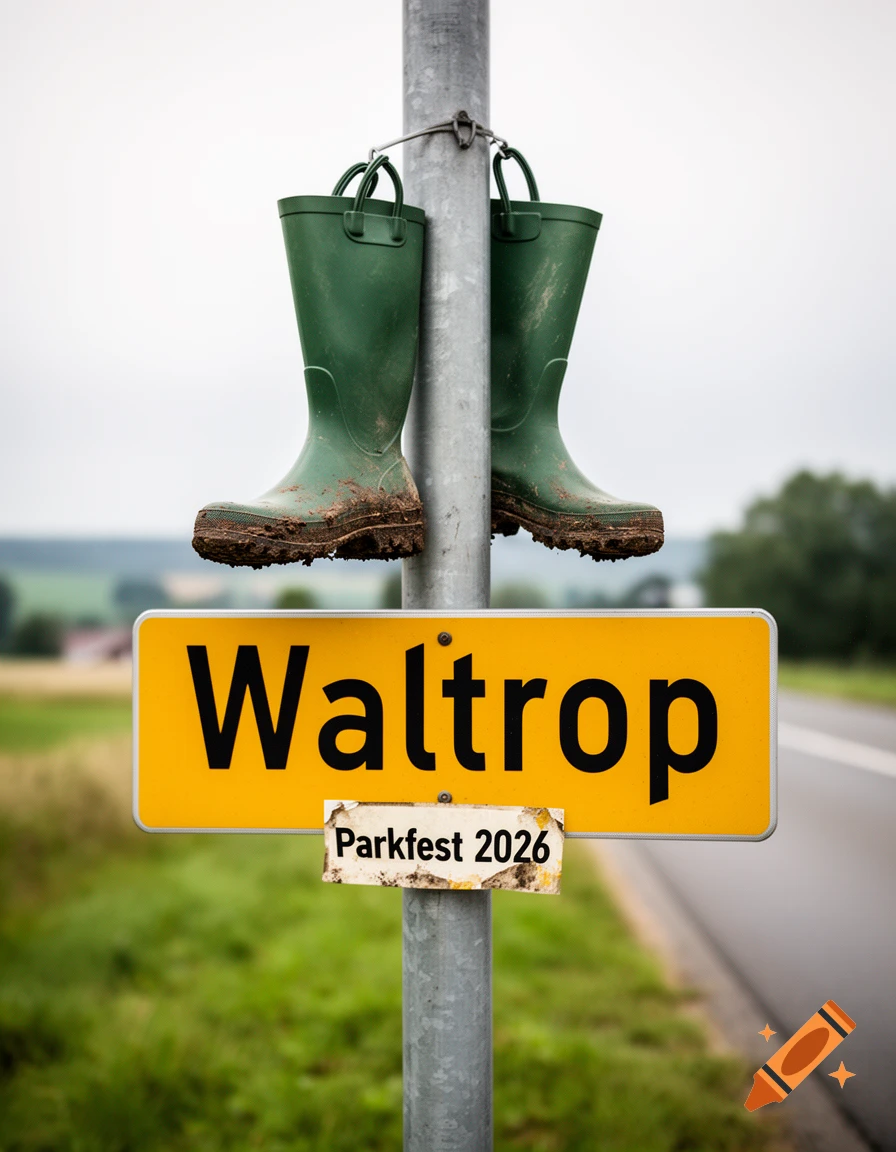 Photorealistic image of a yellow German town sign reading Waltrop with a Parkfest 2026 sticker, with muddy green rain boots hanging from the pole above.