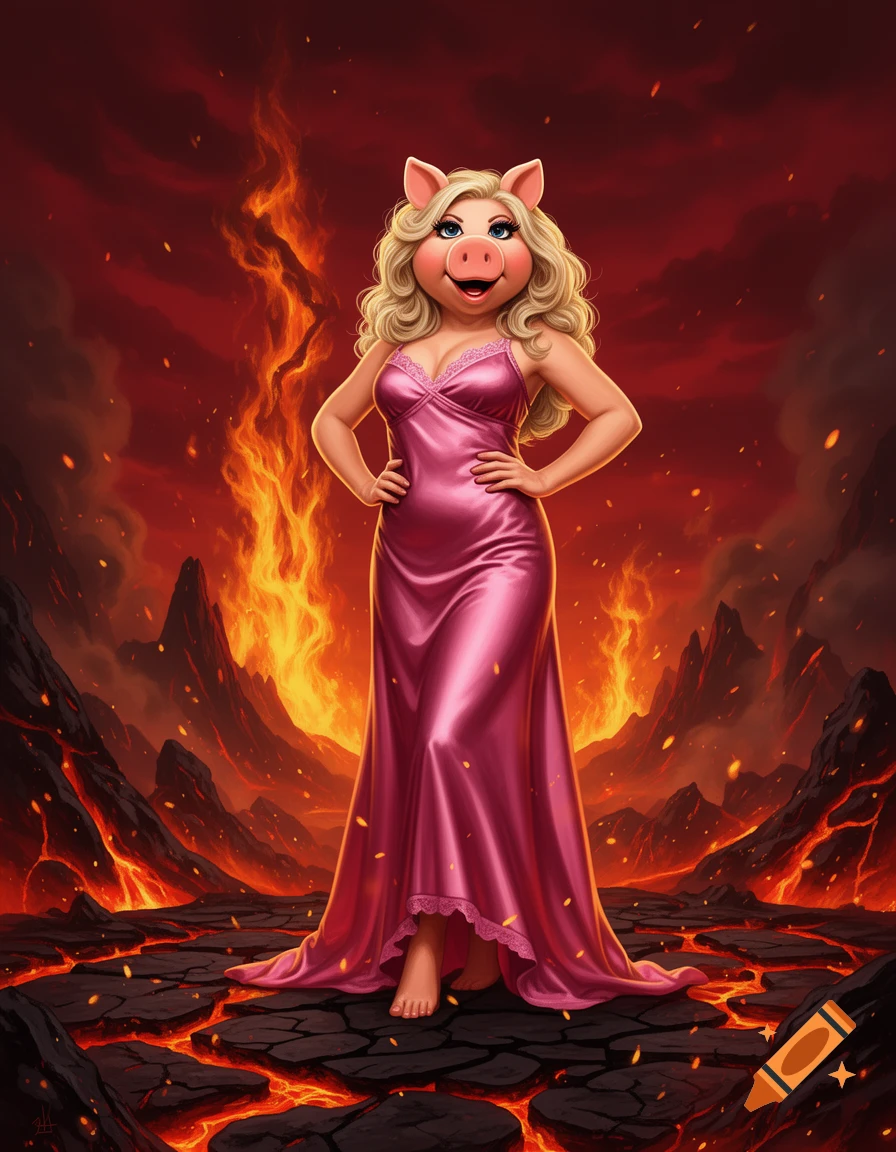Miss Piggy in a pink silky nightgown standing barefoot in a fiery volcanic landscape, digital illustration.