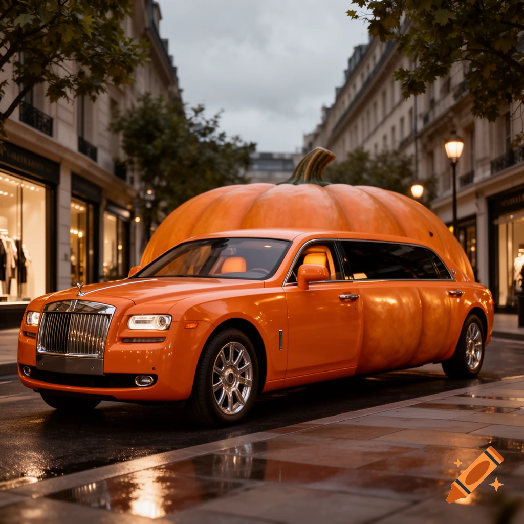 Photorealistic image of a bright orange stretch limousine shaped like a giant pumpkin, parked on a wet city street lined with classical buildings.