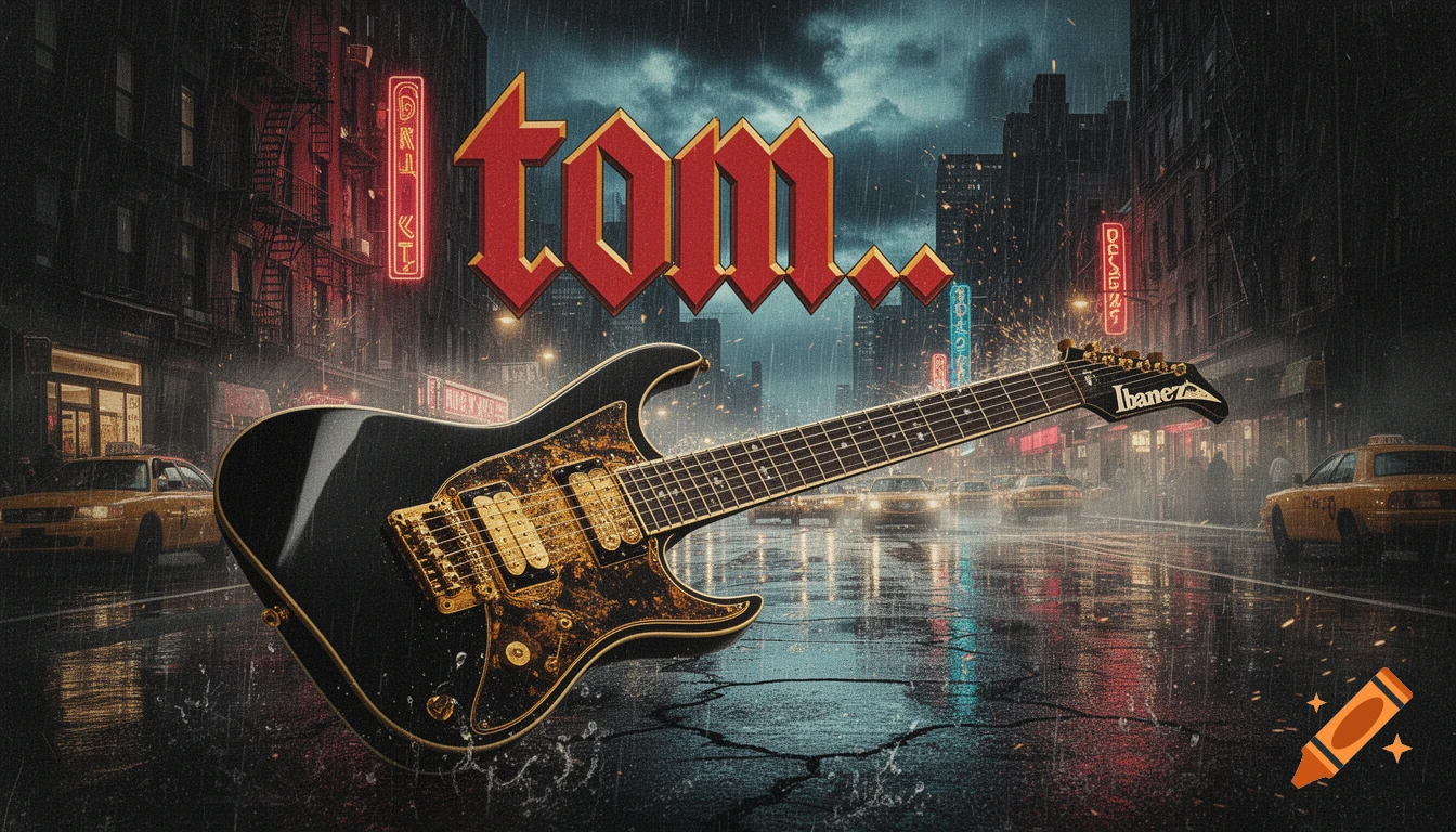 A black electric guitar with gold hardware resting on a wet New York City street at night during heavy rain, with bold red text above.