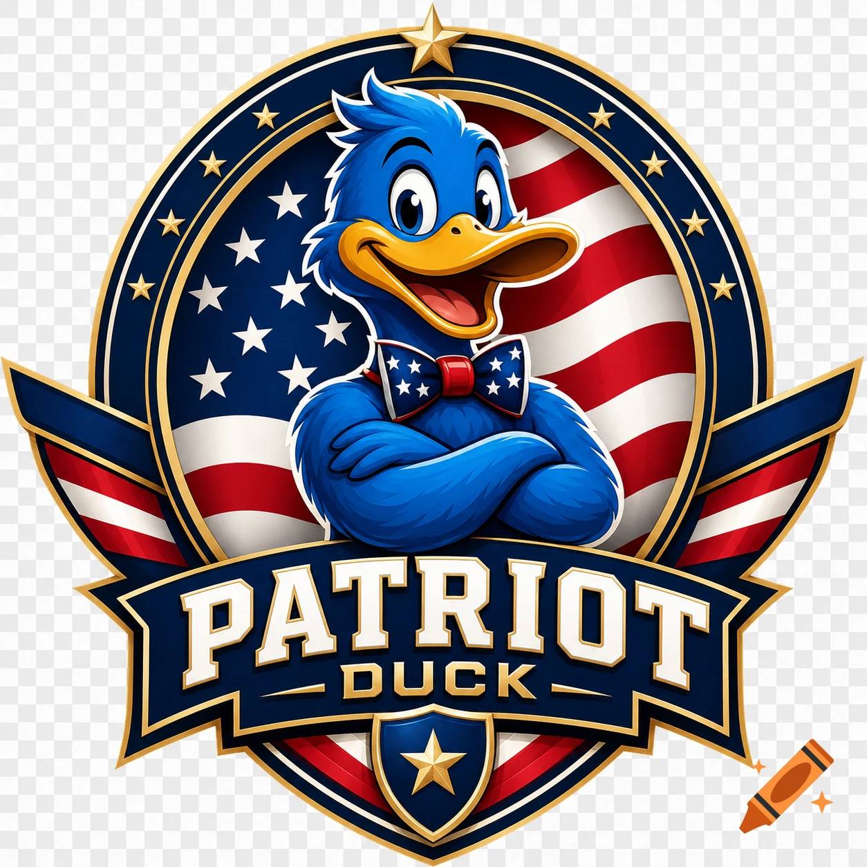 Digital illustration of a blue duck wearing a patriotic bow tie in front of an American flag, with the text 'PATRIOT DUCK'.