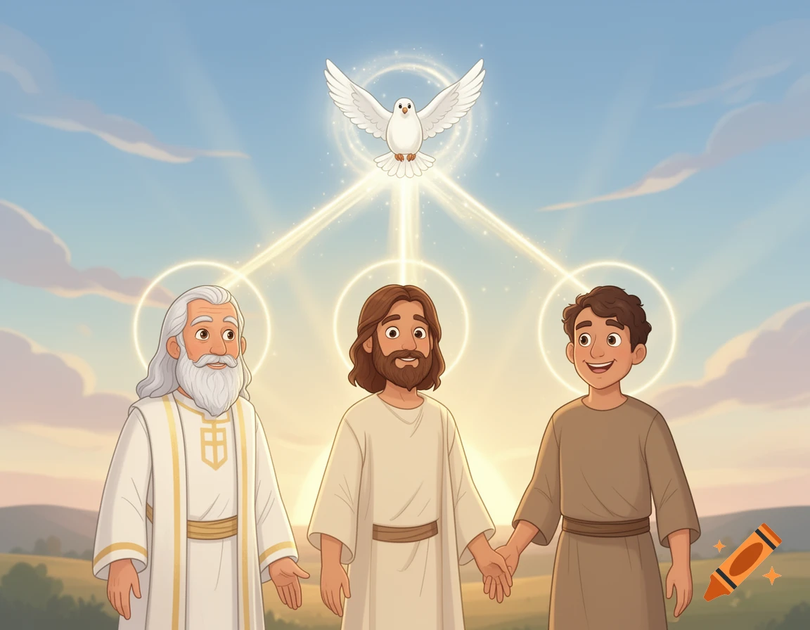 Digital illustration of the Holy Trinity with God the Father, Jesus Christ, and a dove, in an animated style.