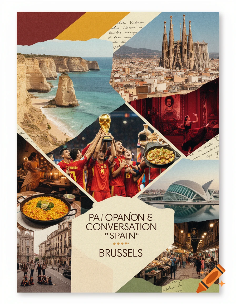 Collage poster of Spain travel imagery featuring landmarks, food, soccer celebration, and Spanish text.