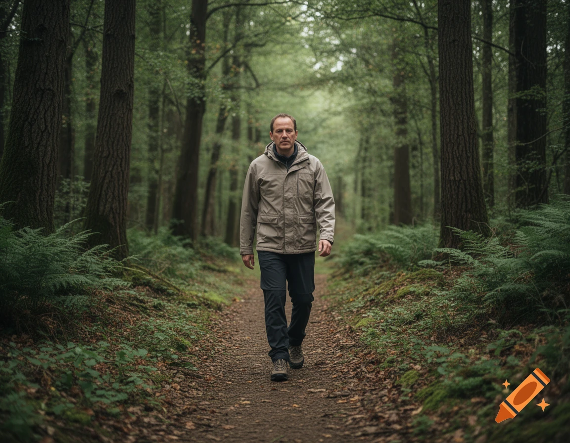 Photorealistic image of a man walking on a dirt path through a dense green forest.