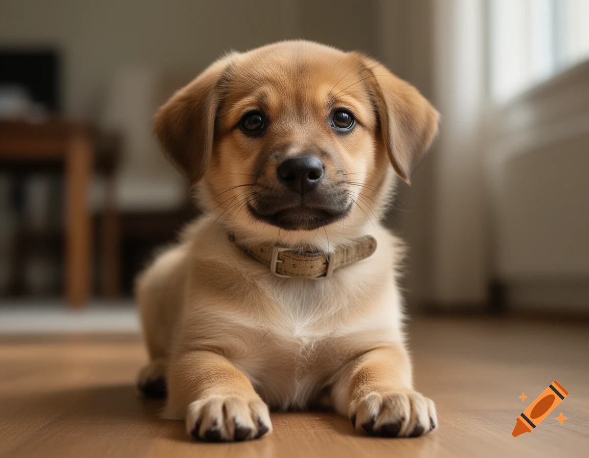 Photorealistic close-up of a light brown puppy lying on a wooden floor looking directly at the camera.