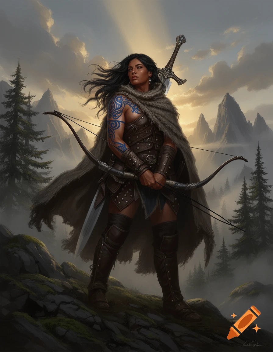 Fantasy digital painting of a tall, strong female ranger with bronze skin and blue tattoos, holding a longbow in a mountainous landscape.