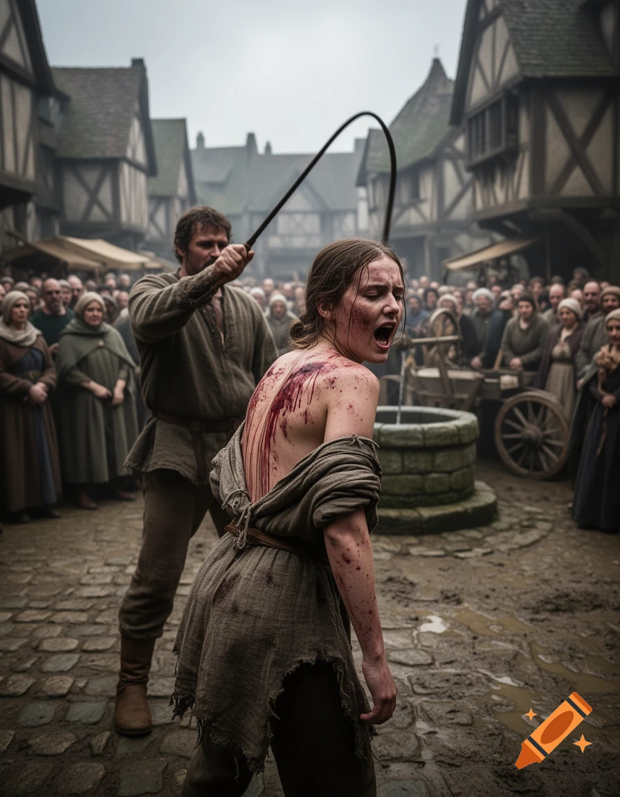 Photorealistic scene of a medieval village square where a woman is being whipped.