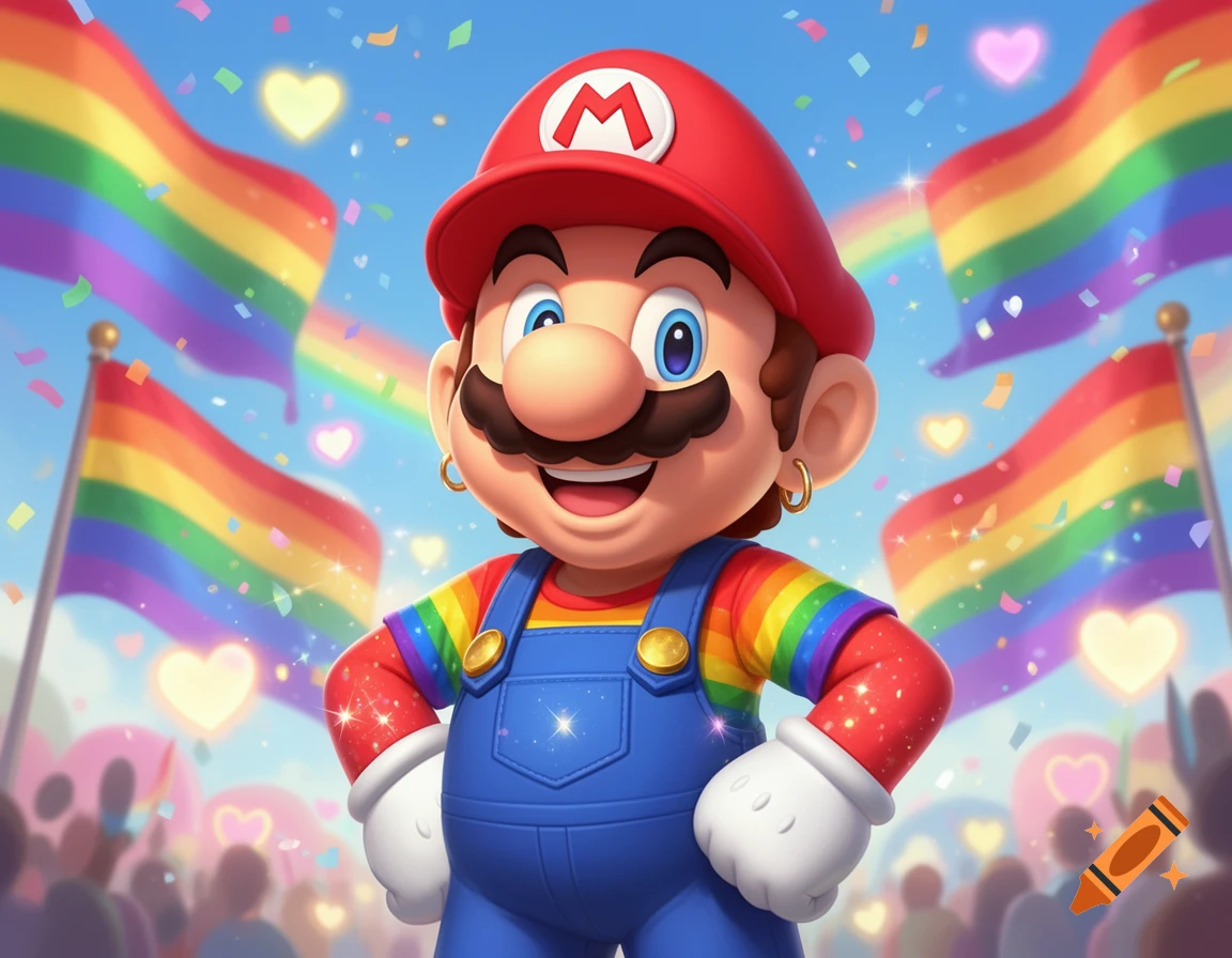 3D digital illustration of Mario with a rainbow mustache and outfit, smiling in front of pride flags and confetti.