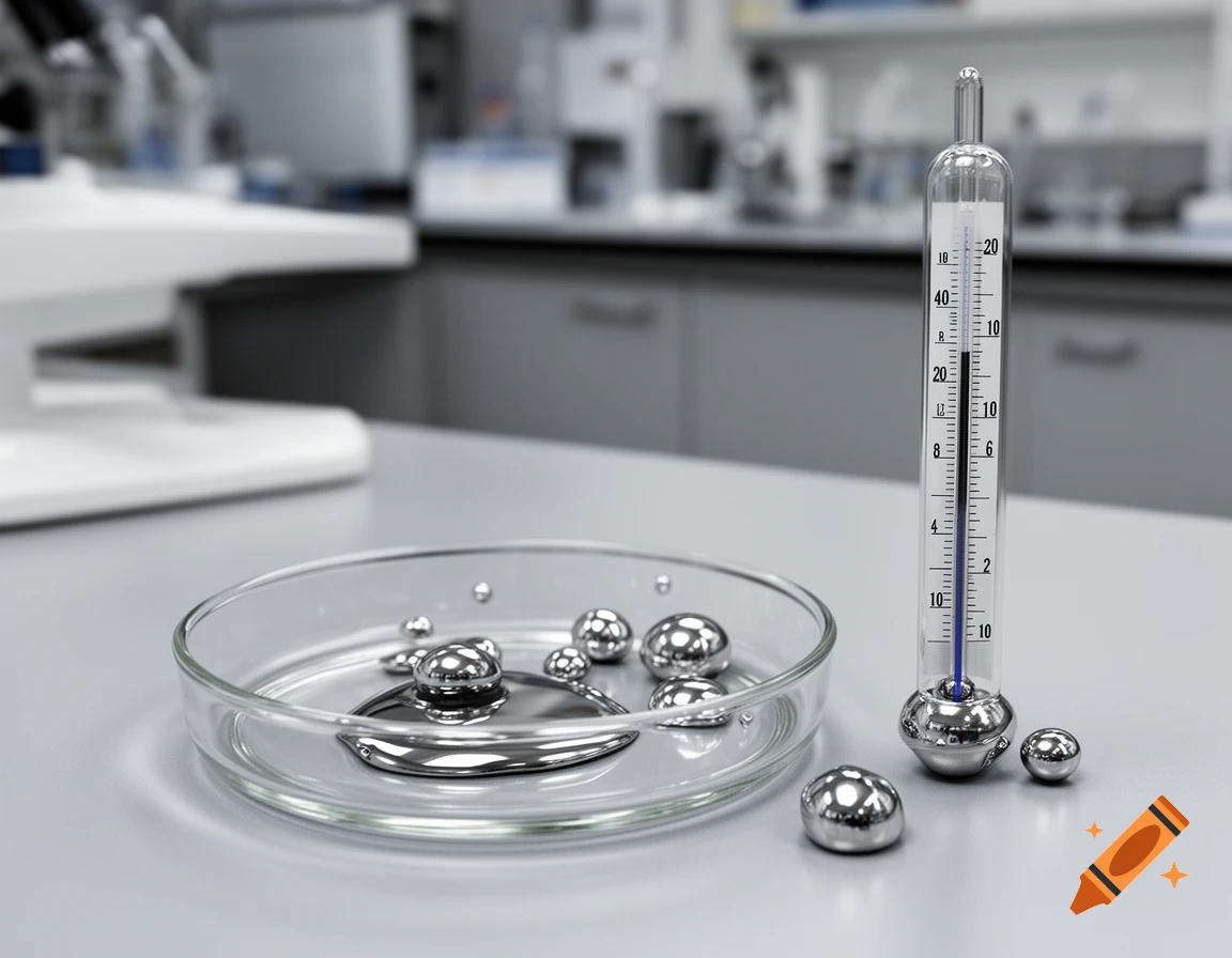 Photorealistic laboratory setting with a glass petri dish containing liquid mercury and droplets, alongside a thermometer with garbled text.