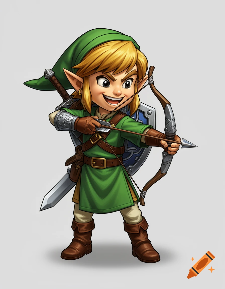 Stylized fantasy cartoon portrait of Link from Legend of Zelda with a bow and arrow in Arcadia Quest art style.