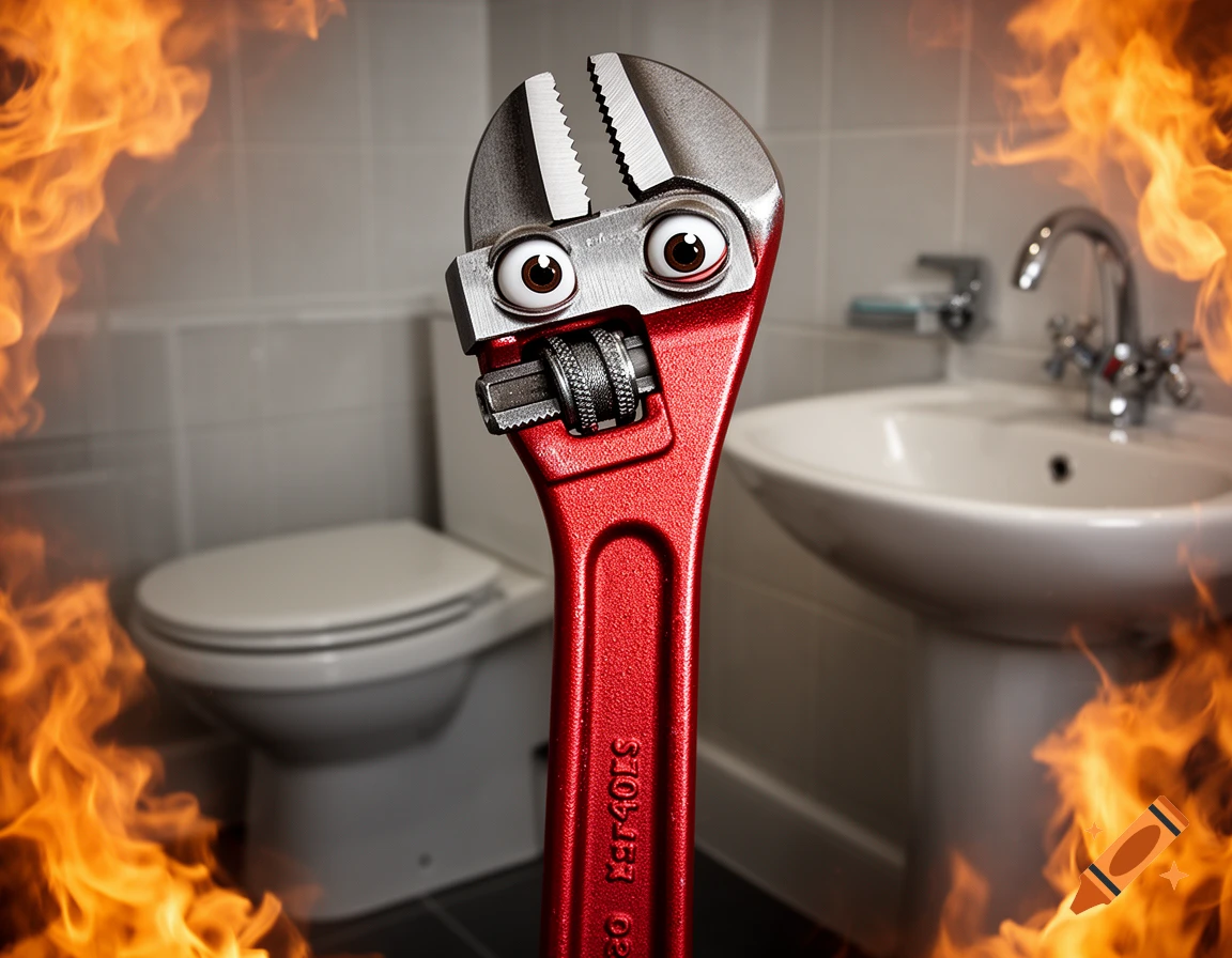 A close-up of a red pipe wrench with friendly eyes and a dial, standing in a bathroom with a sink, toilet, and flames around the edges.