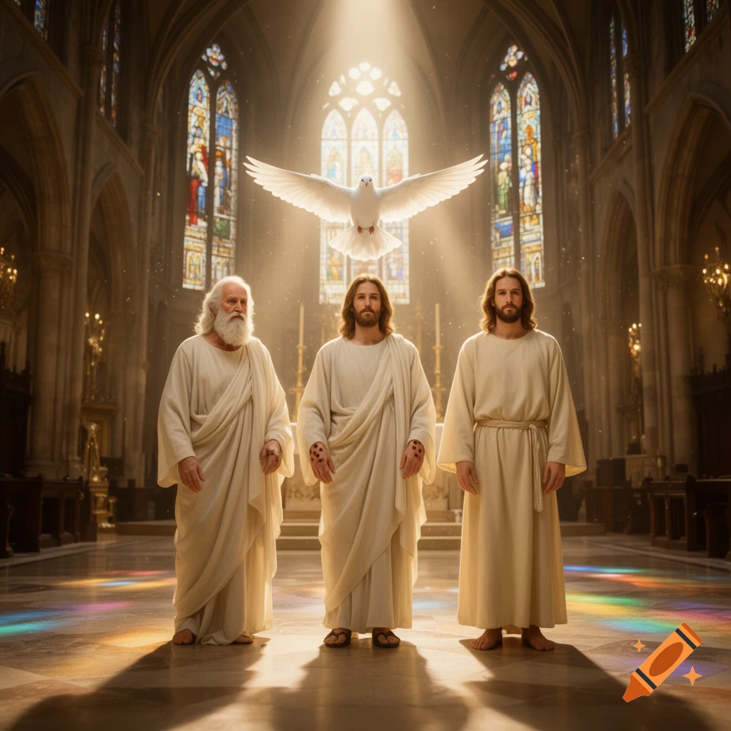 Photorealistic depiction of the Holy Trinity with three figures and a white dove standing inside a grand cathedral.