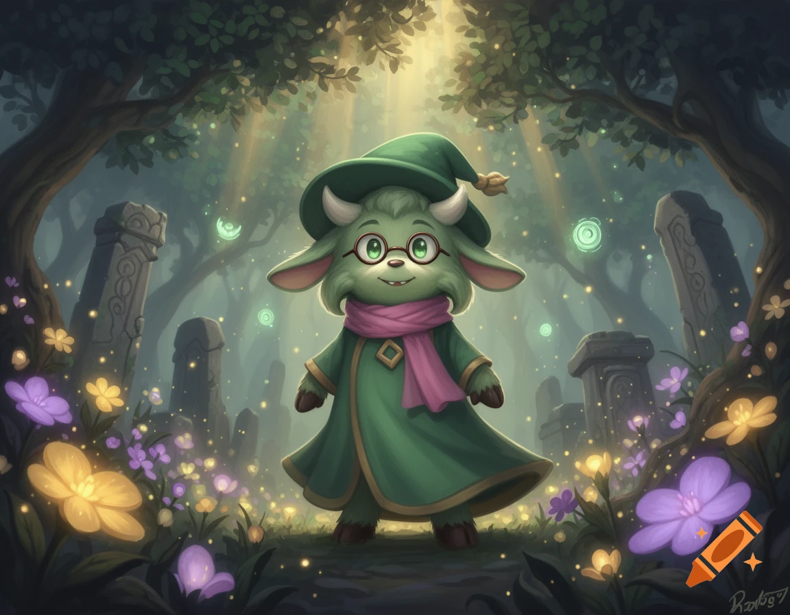 Digital painting of Ralsei from Deltarune wearing a green cloak and hat with pink scarf in a magical glowing forest.