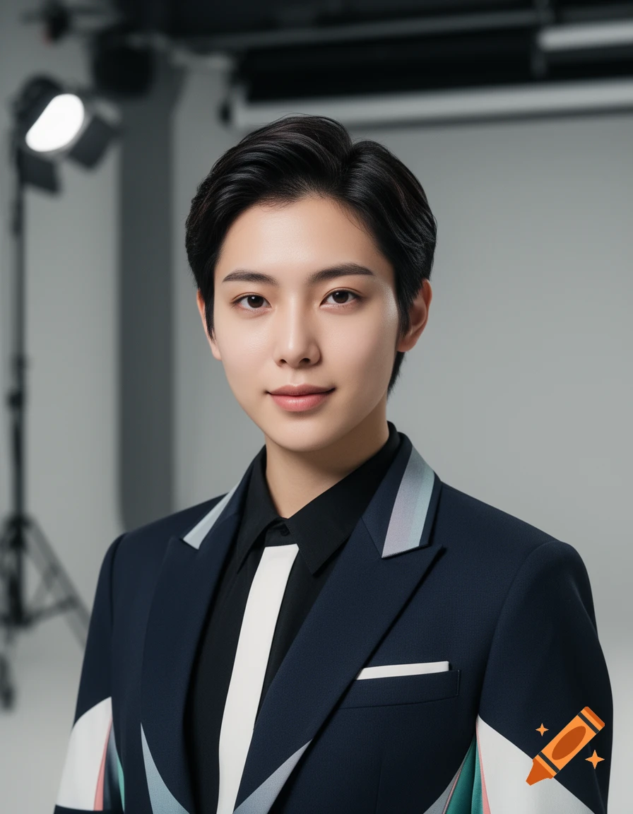 Photorealistic studio portrait of a person with short black hair wearing a dark suit with white and blue accents.