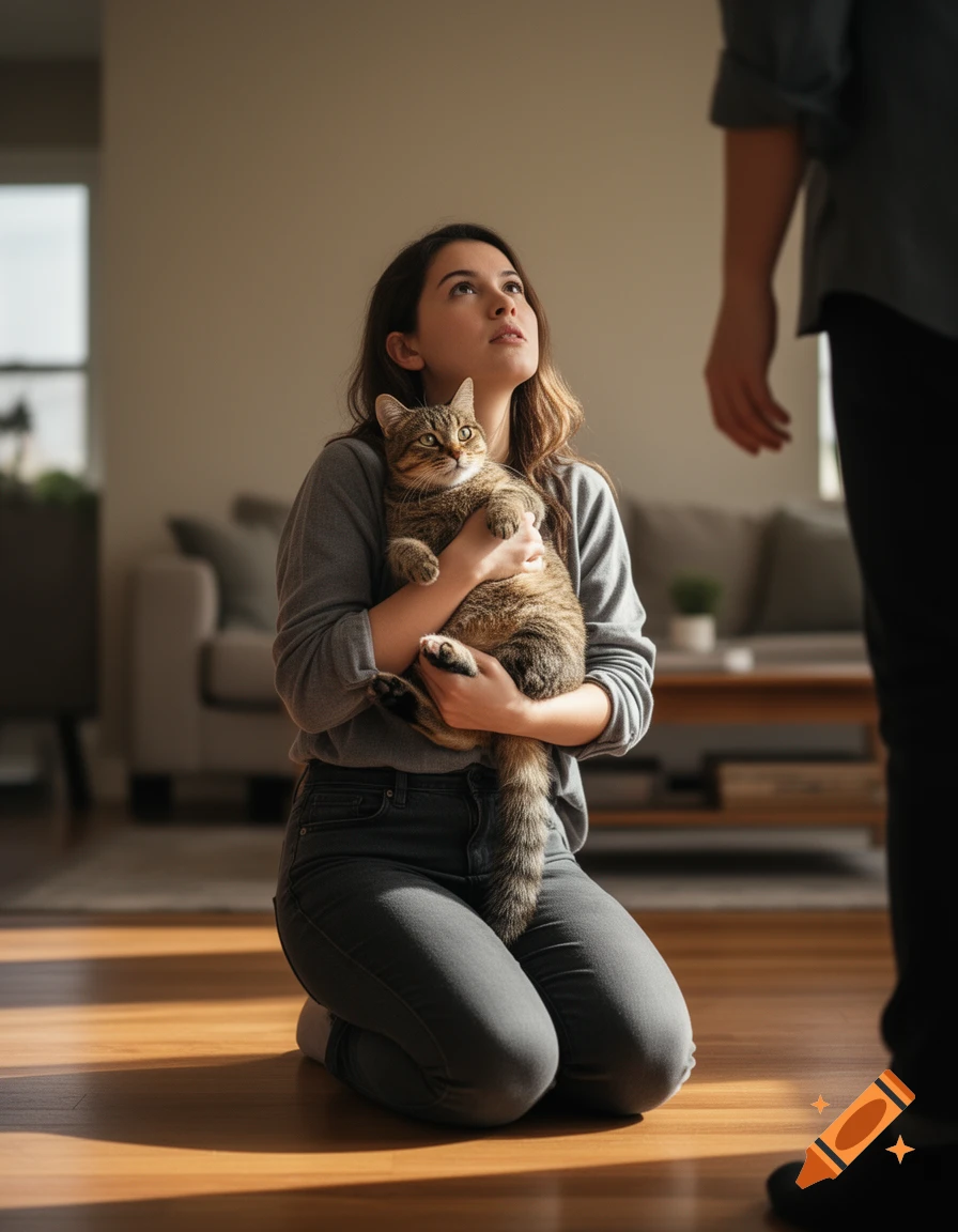 A woman kneeling on a wooden floor holding a tabby cat while looking up, photorealistic.