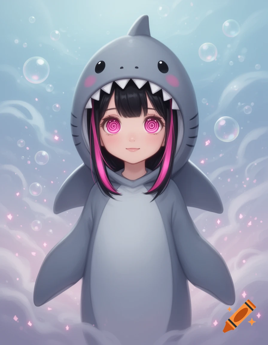 An anime-style girl with black hair and pink highlights, wearing a cute gray shark onesie, with pink spiral eyes against a bubbly blue and pink background.