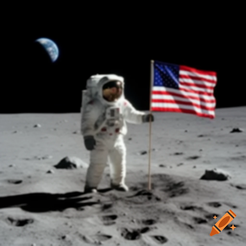 An astronaut standing on the moon next to an American flag with Earth visible in the black sky, low quality blurry photo.