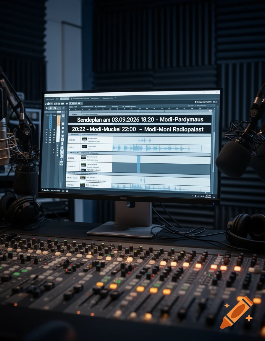 Photorealistic image of a radio studio mixing console with a monitor displaying broadcast schedule software.