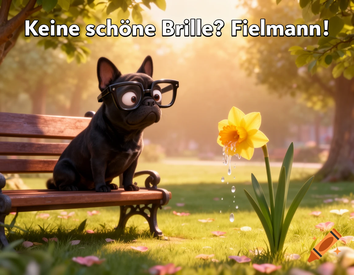 A cartoon black French bulldog with glasses sitting on a park bench, looking at a yellow daffodil vomiting water, Pixar style.