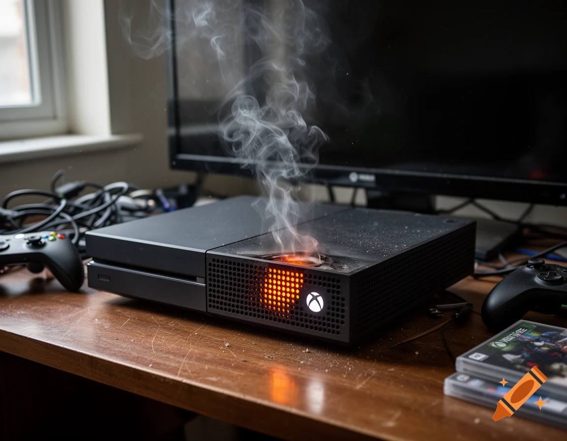 An Xbox console smoking and burning on a wooden desk next to a television screen and controllers.