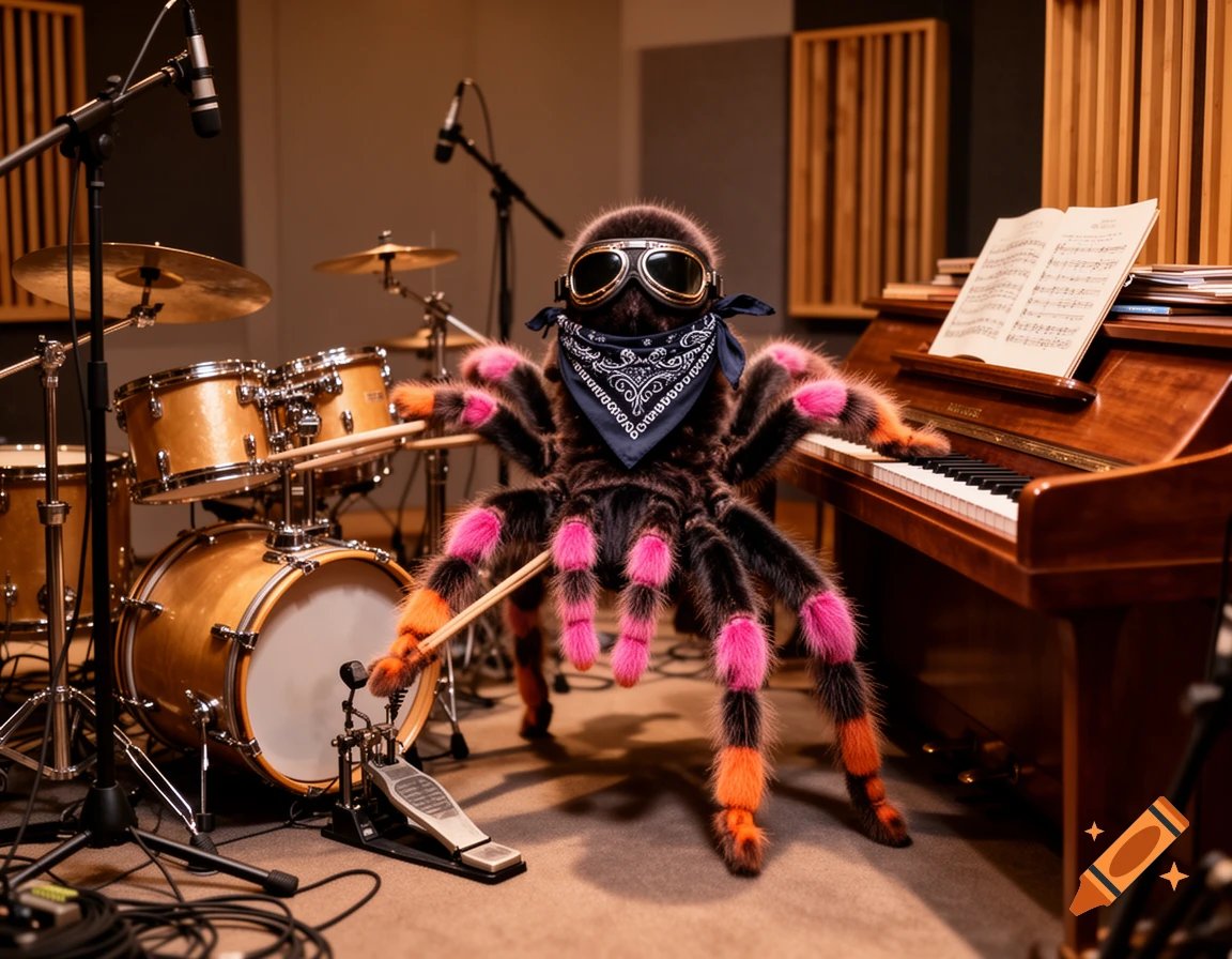 A pink toe tarantula wearing aviator goggles and a bandana playing drums and piano in a recording studio, photorealistic style.
