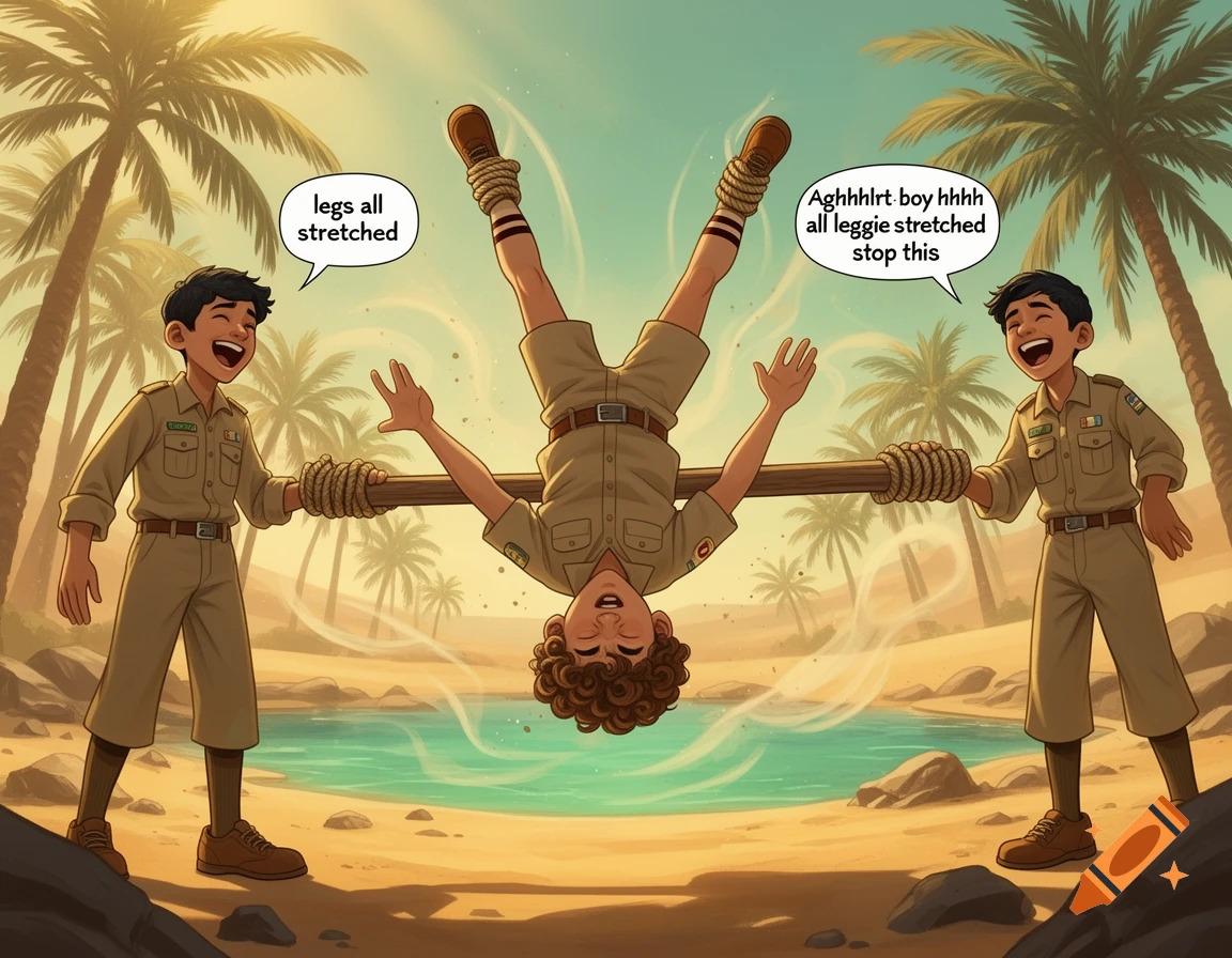 Illustration of three boys in safari outfits near a desert oasis, with one boy hanging upside down from a pole tied by ropes.
