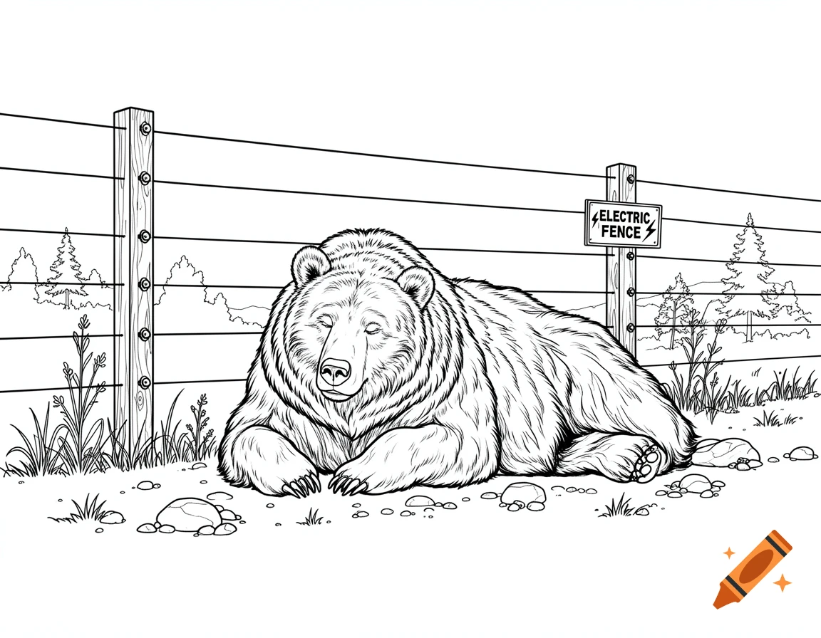 Black and white coloring page of a large bear lying lazily near an electric fence in a grassy field.