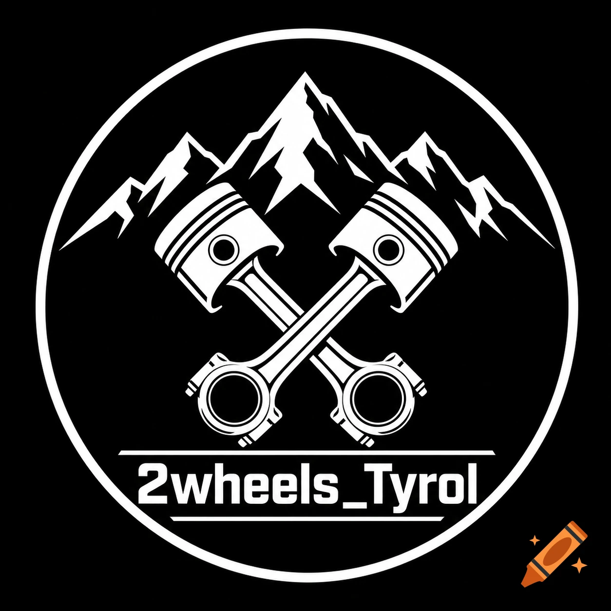 Monochrome circular logo with crossed engine pistons and mountain peaks above, featuring the text 2wheels_Tyrol.