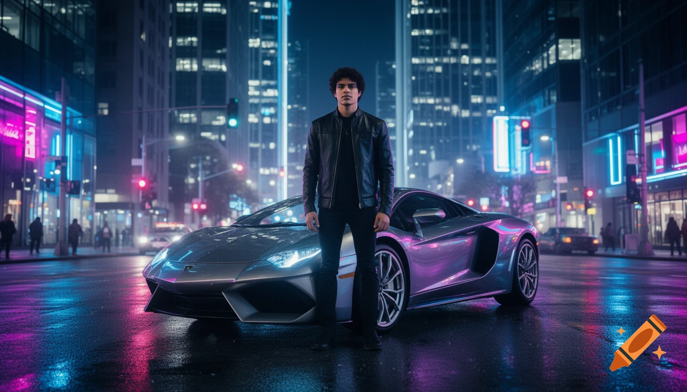 A young man in a leather jacket stands in front of a luxury sports car on a wet city street at night under neon lights.