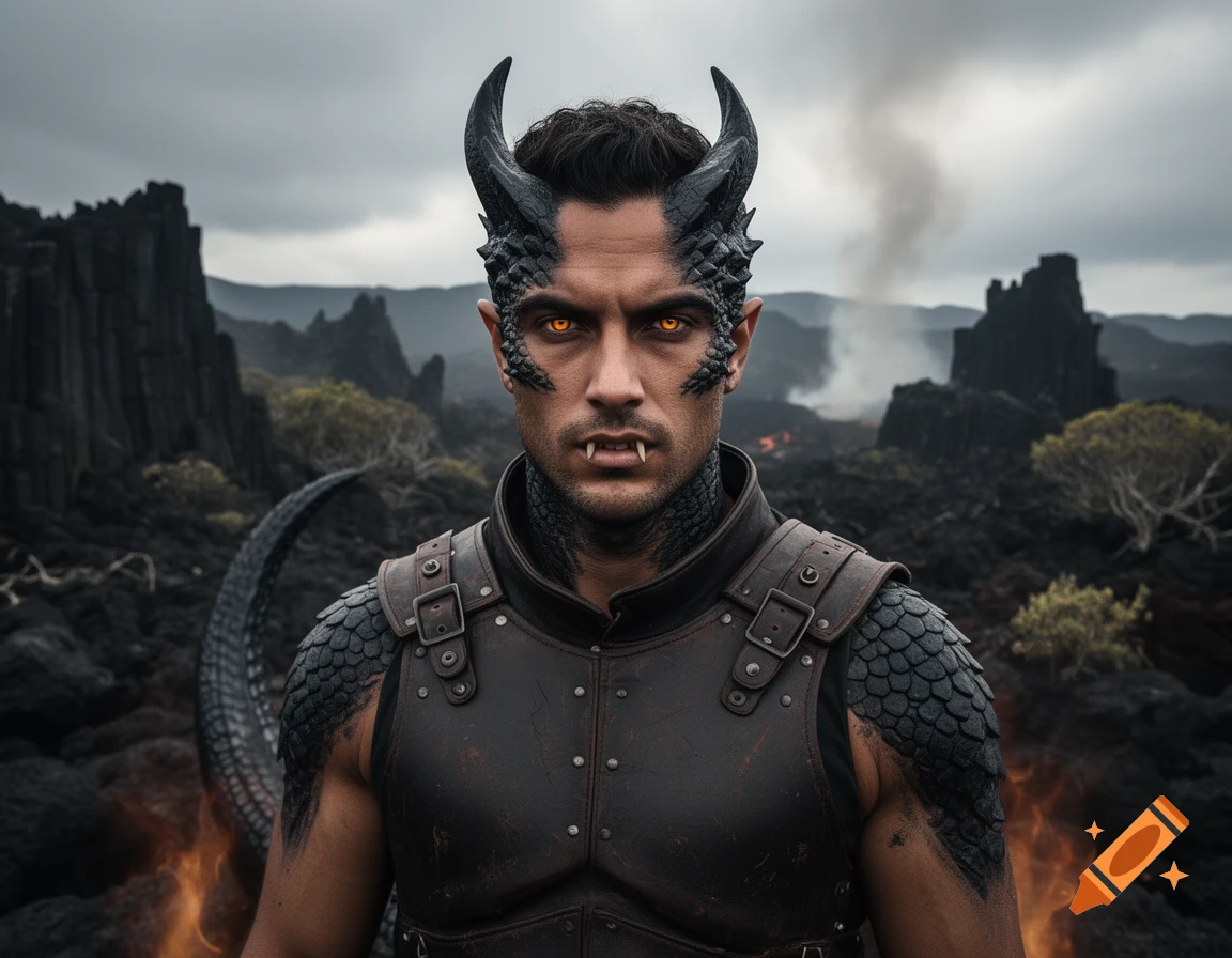 Photorealistic portrait of a human male with black dragon horns, glowing orange eyes, and scaled features, standing in a volcanic landscape.