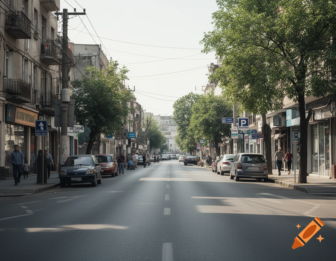 Photorealistic view down a quiet urban street lined with buildings, parked cars, and green trees under a bright sky.