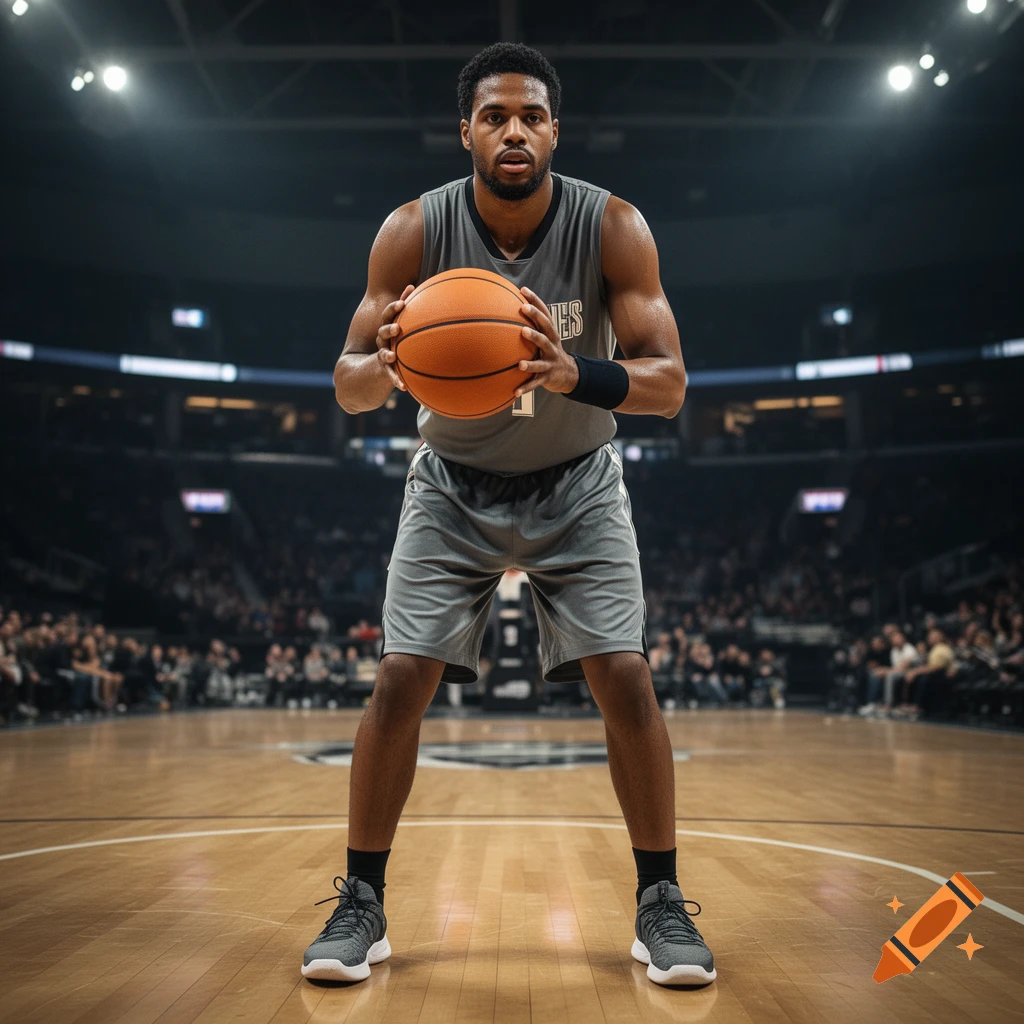 Photorealistic image of a male basketball player standing on a court holding a basketball, facing the camera.