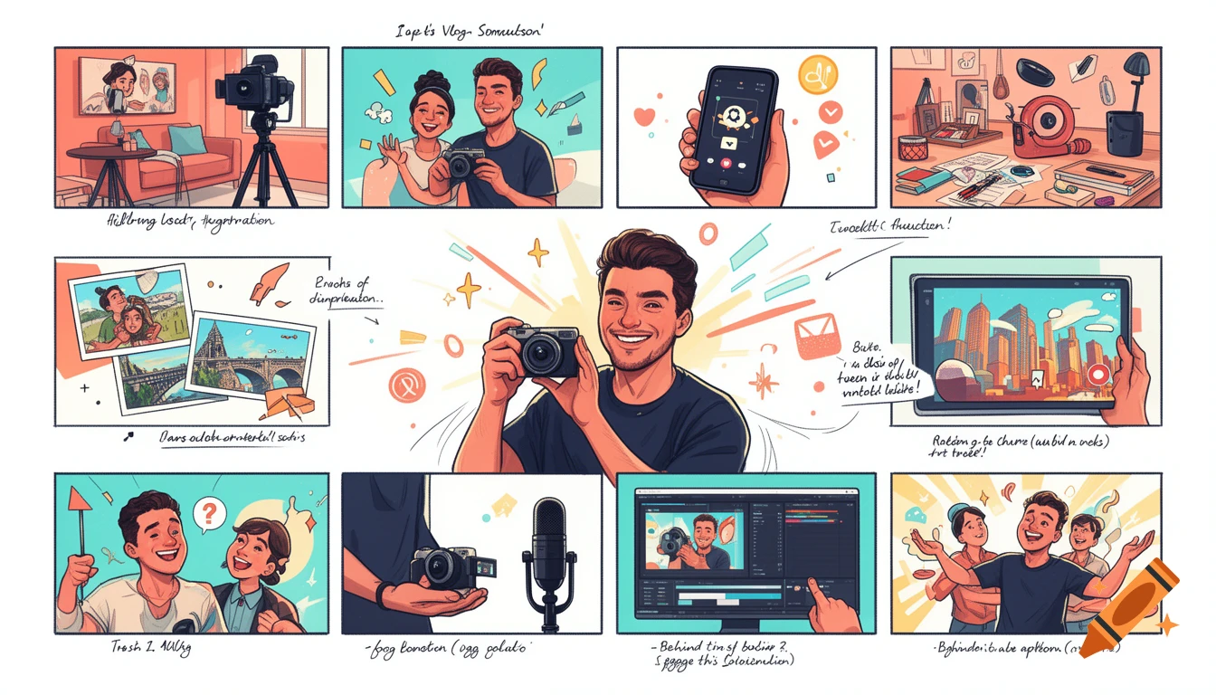 Comic style storyboard of a vlogger creating content, featuring cameras, editing software, and various scenes.