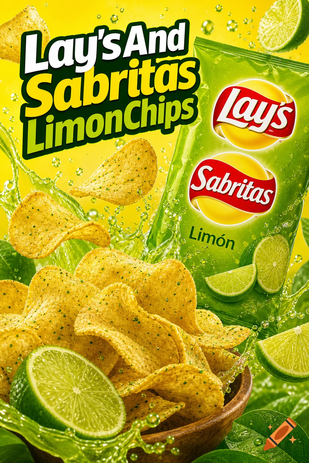 Photorealistic advertisement for Lay's and Sabritas Limon chips with limes, splashes of juice, and a wooden bowl of chips.
