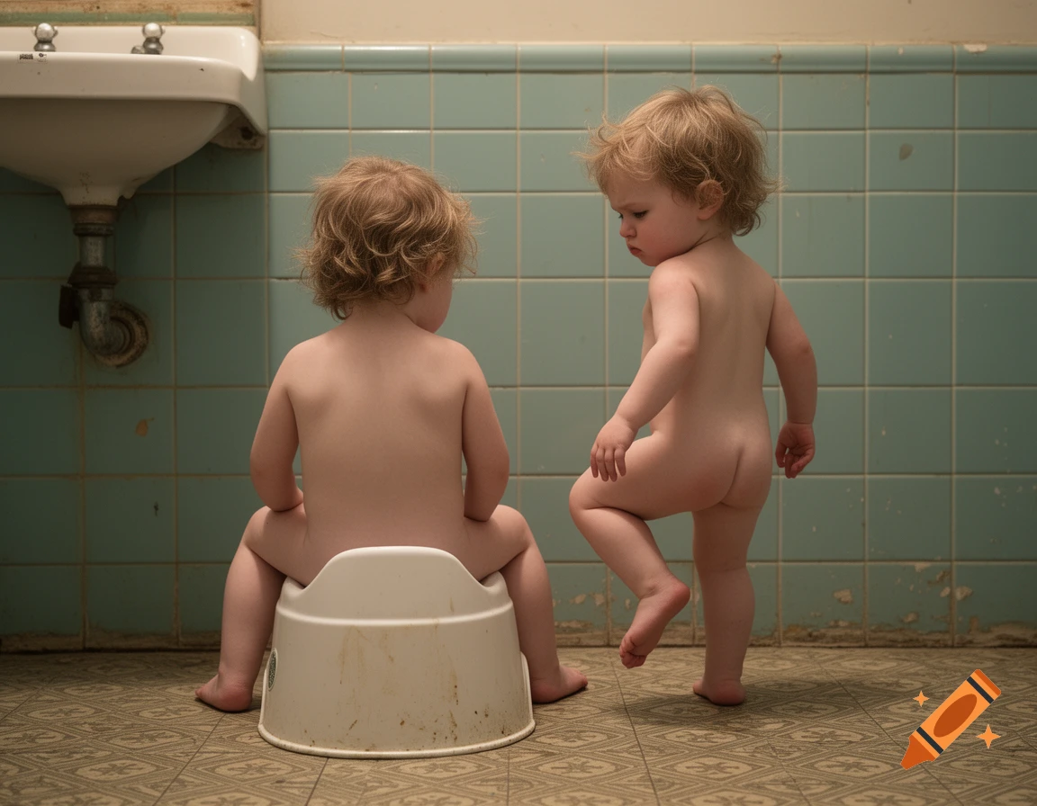 Photorealistic image of two toddlers in a vintage blue-tiled bathroom, one sitting on a potty and the other standing.