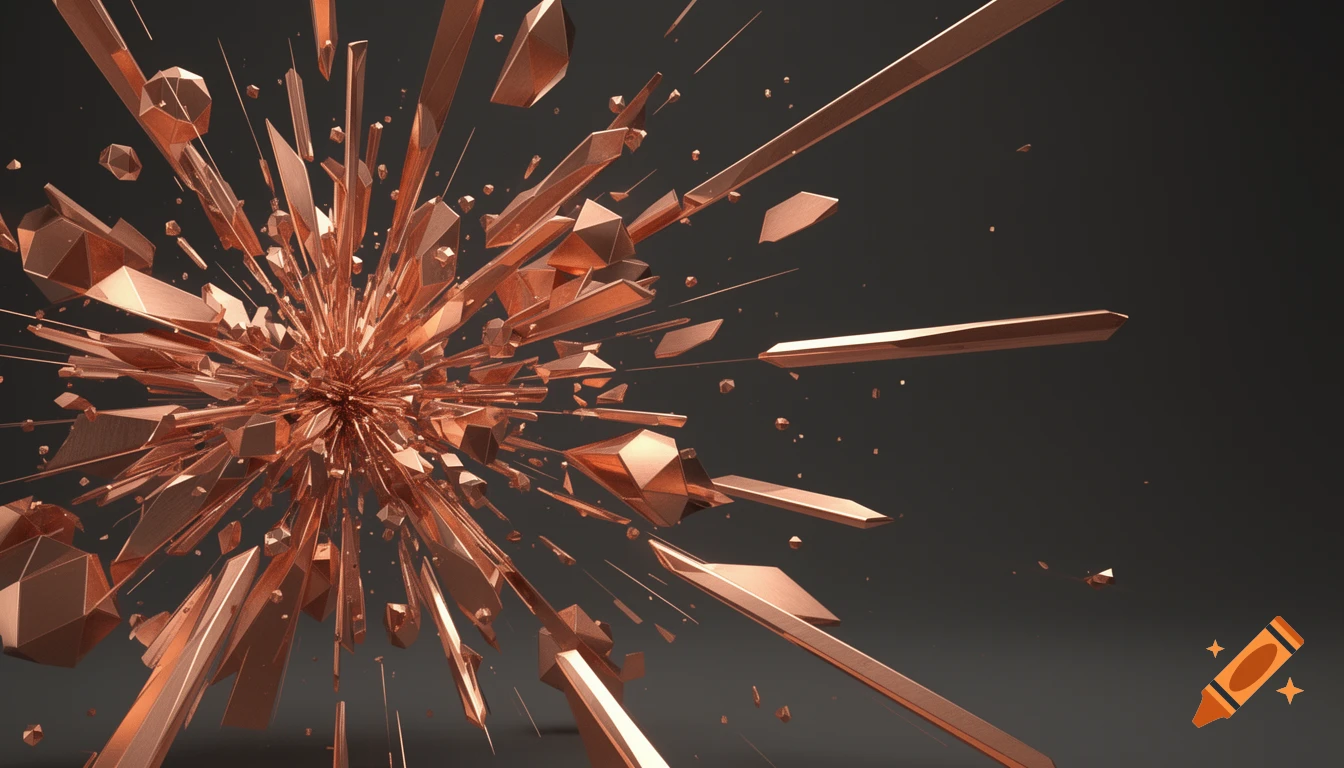 A 3D abstract rendering of reflective copper-colored geometric shapes exploding outward from the left side against a dark gray background.