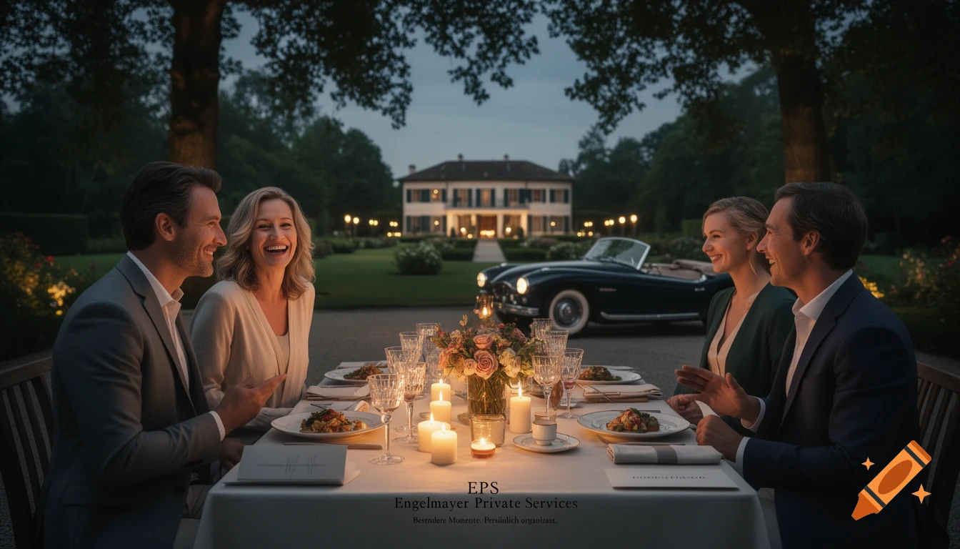 Photorealistic evening outdoor dinner party with four smiling adults at an elegant estate, with a vintage car in the background.