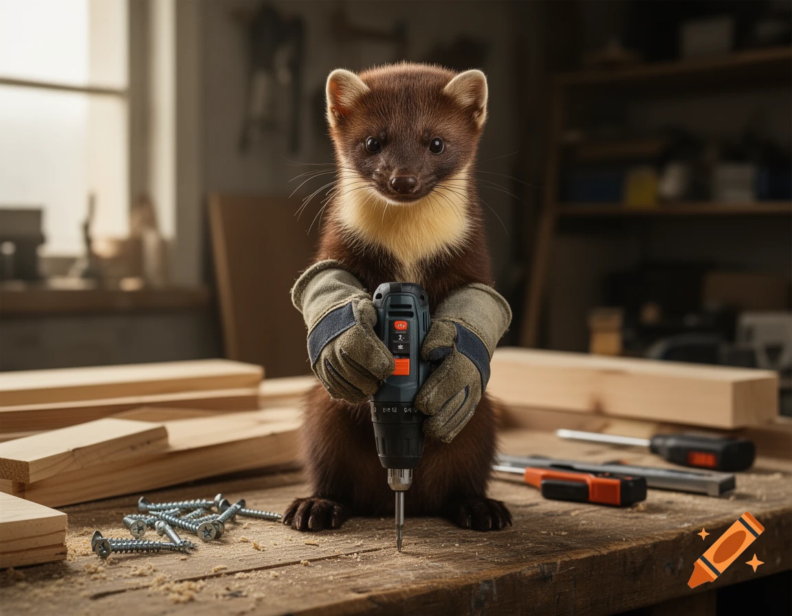 Photorealistic marten wearing work gloves and holding a power drill in a wooden workshop.