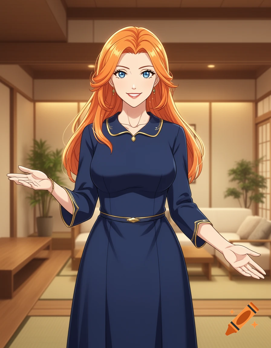 An anime-style illustration of a mature Japanese woman with long orange hair and blue eyes, wearing a navy blue dress, standing in a living room.