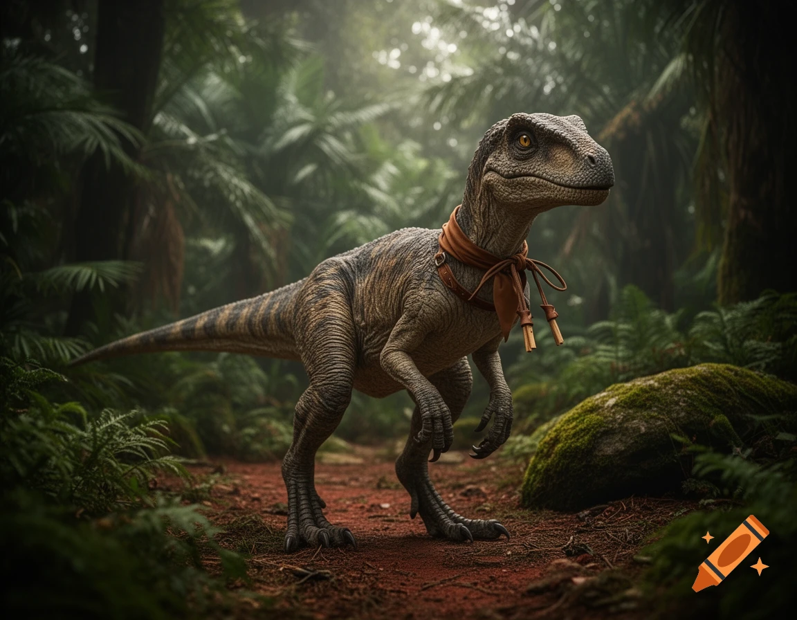 Photorealistic velociraptor wearing a brown scout neckerchief in a lush jungle setting.