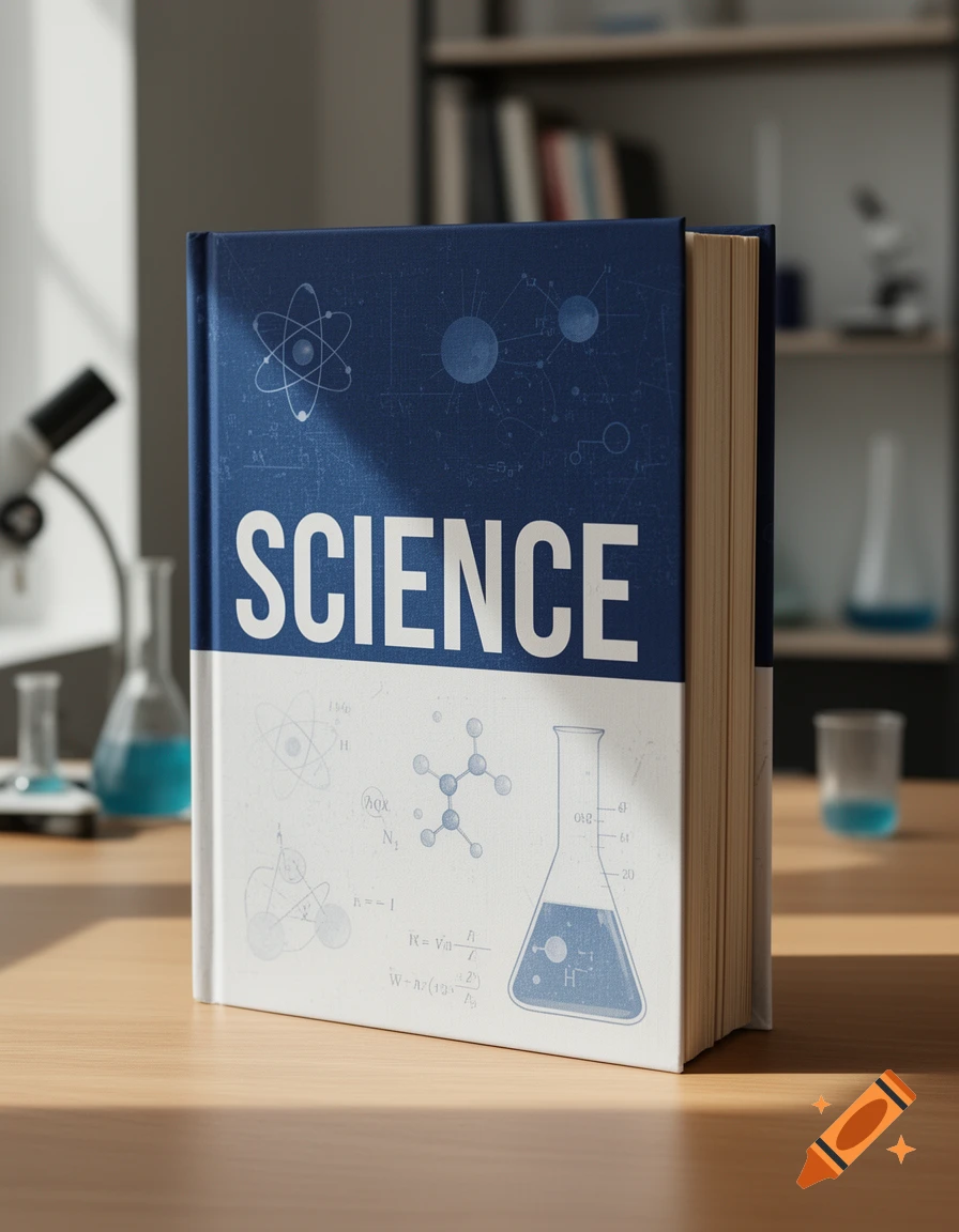 Close-up photorealistic shot of a blue and white science textbook standing on a wooden desk with lab equipment in the background.