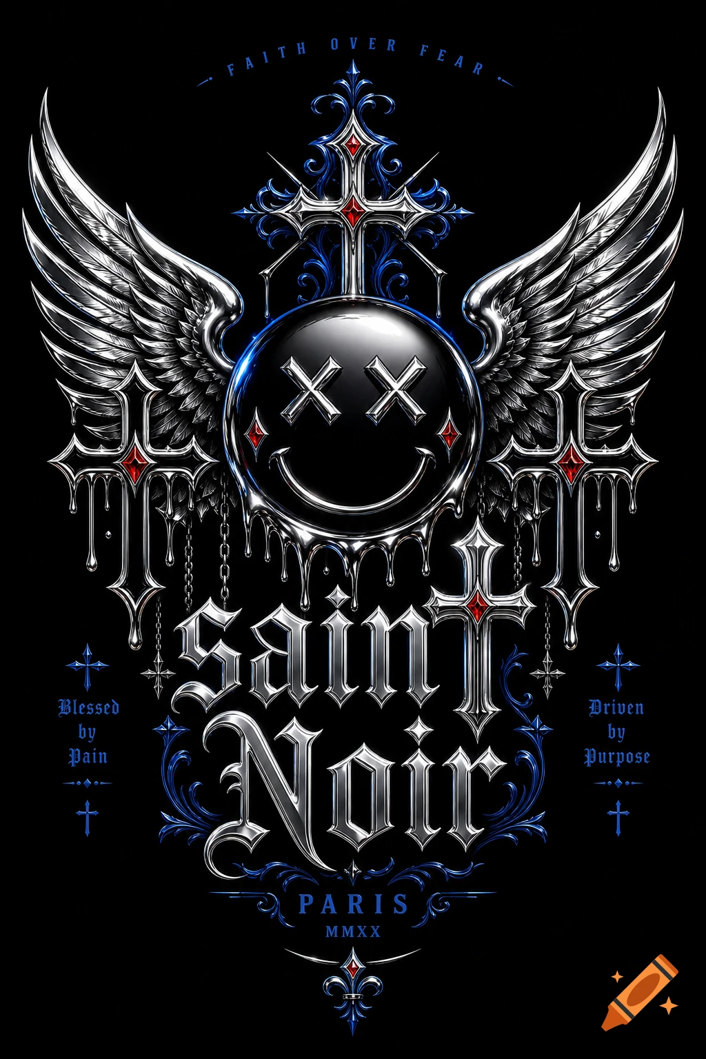 Gothic digital art of a chrome smiley face with X eyes, angel wings, dripping crosses, and Saint Noir text.