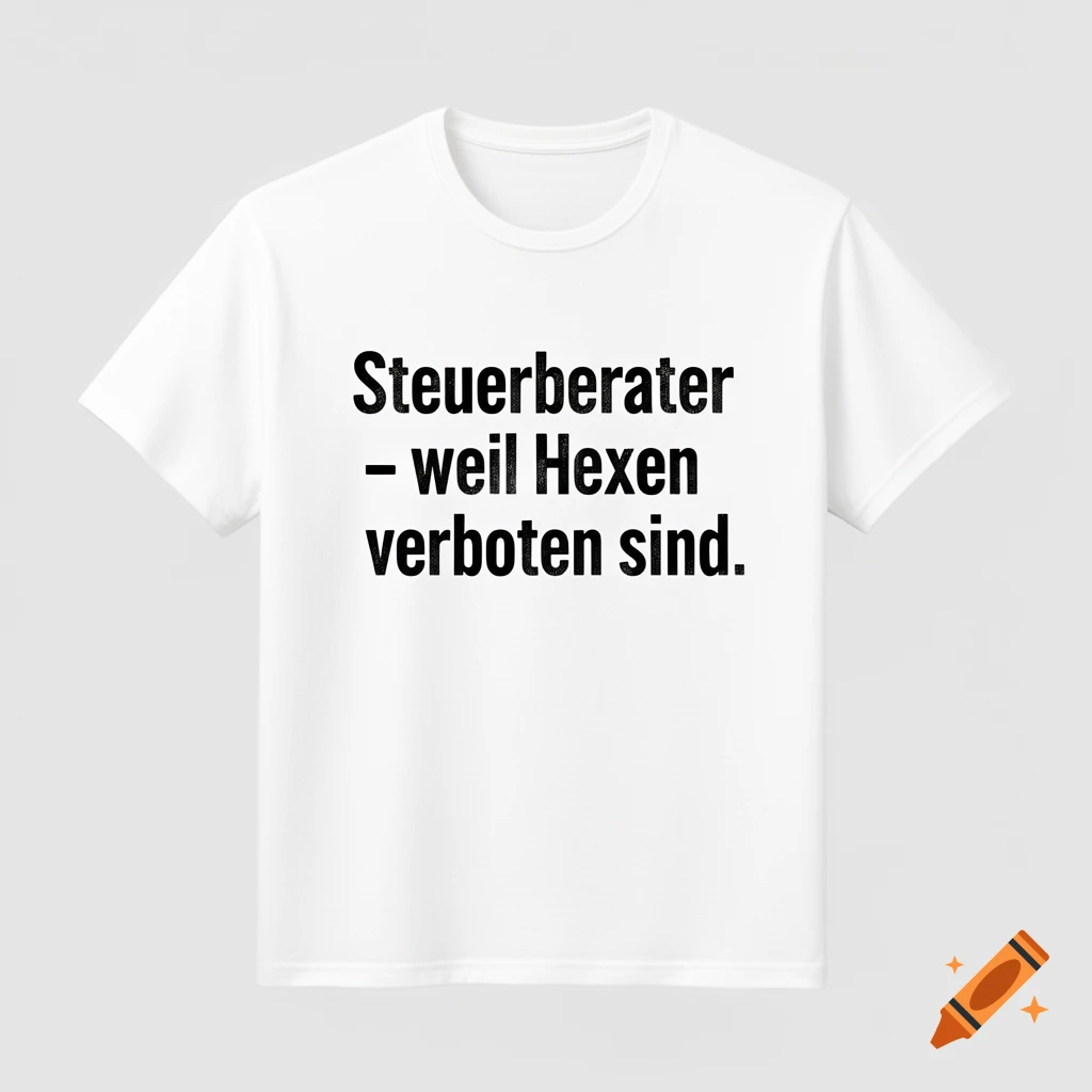 White t-shirt featuring German text in black font on the chest: Steuerberater - weil Hexen verboten sind.